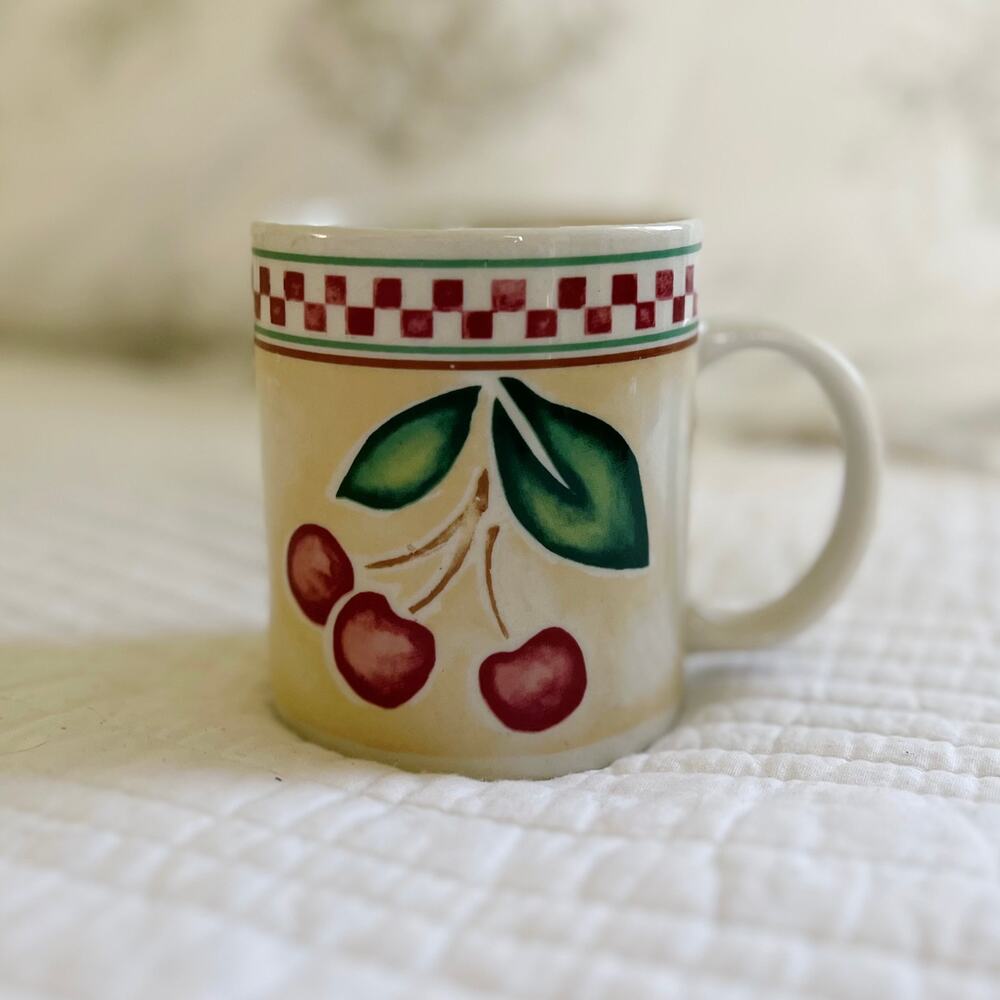 Vintage 90s Gibson Cherry Print Mug Cherries Diner Retro Coffee Cup Checker